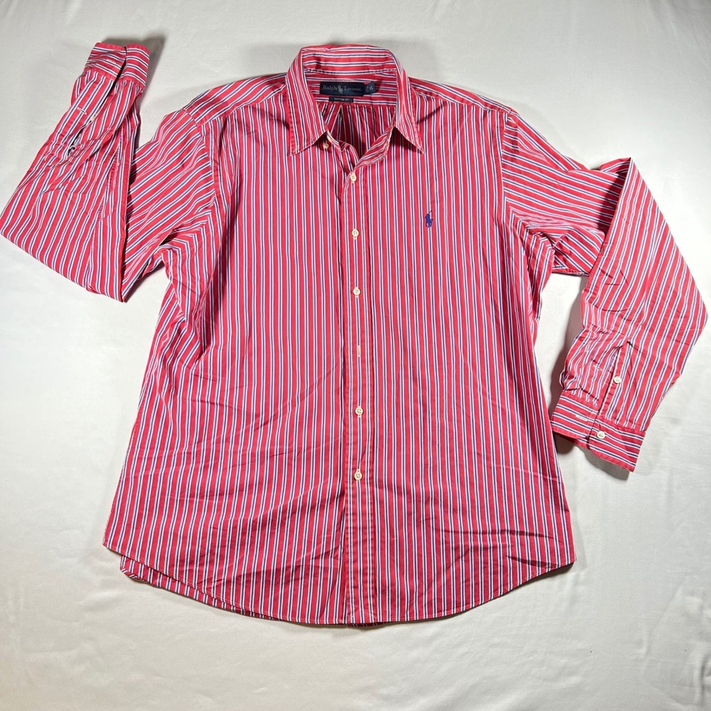 Ralph‎ Lauren Mens XL Custom Fit Striped Button Down Shirt Red White Blue Pony